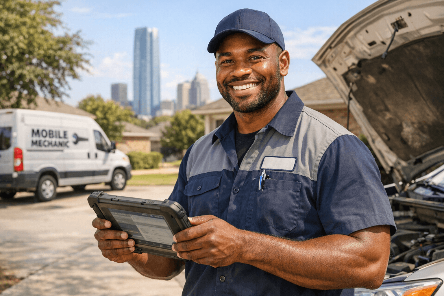 Professional mechanic performing vehicle repair on-site