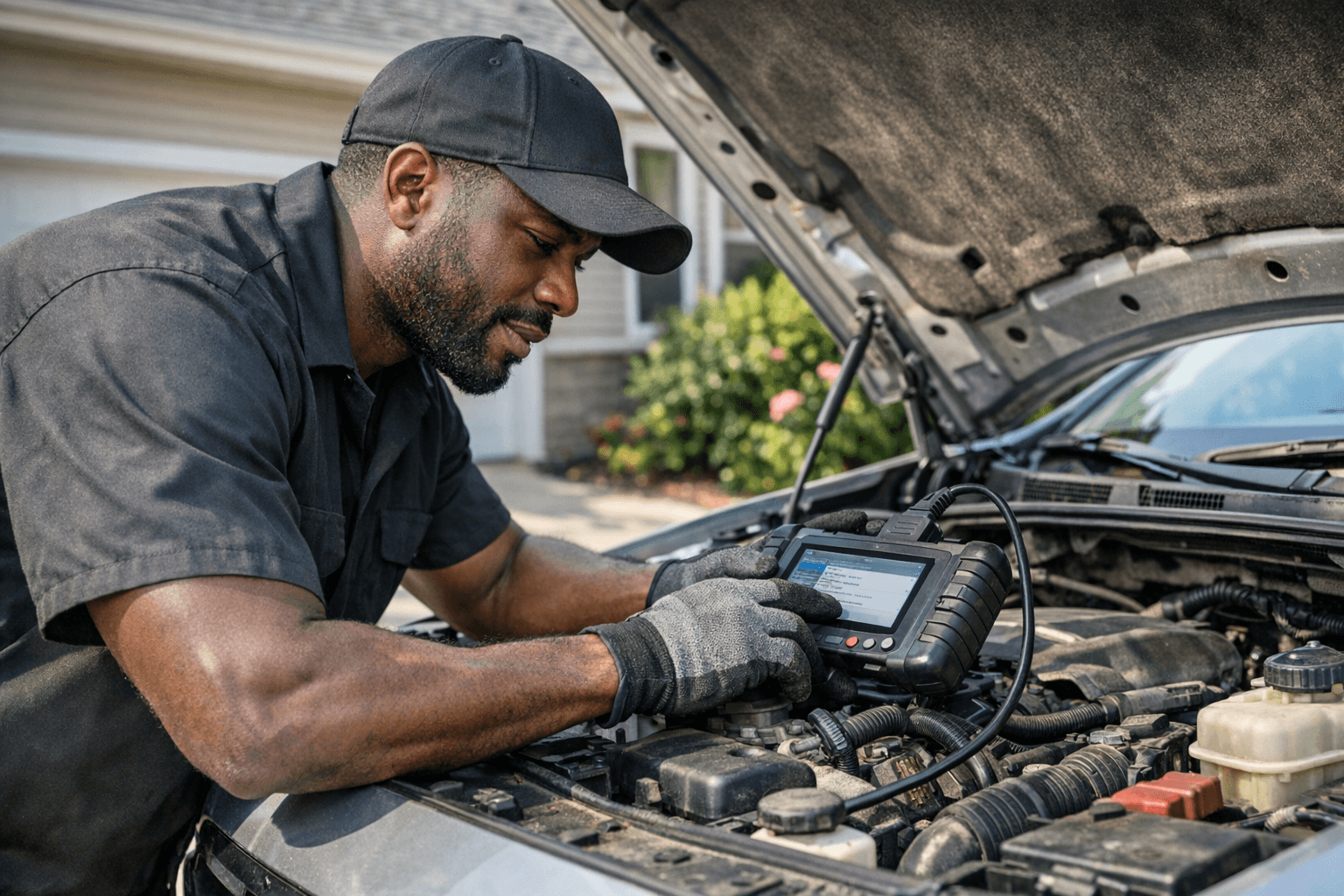 Mobile mechanic performing vehicle repair on-site