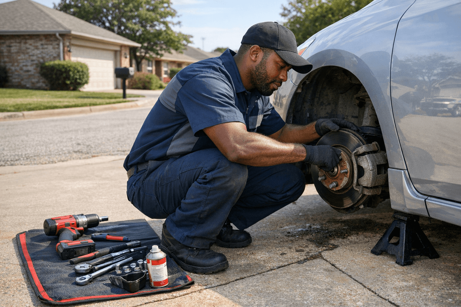 Mobile mechanic diagnosing engine issue at customer location