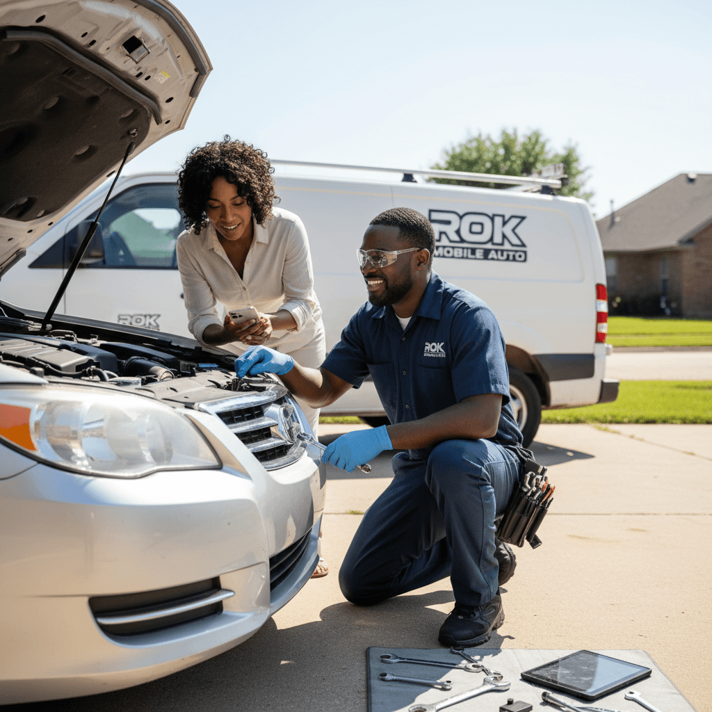 Mobile mechanic assisting a female client with car repairs in a driveway.