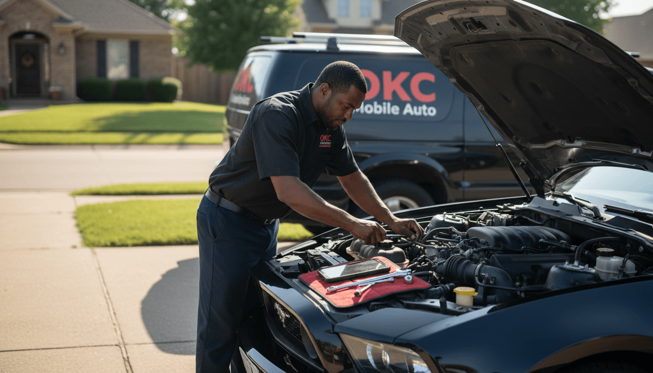 Professional mechanic servicing a vehicle at customer's location