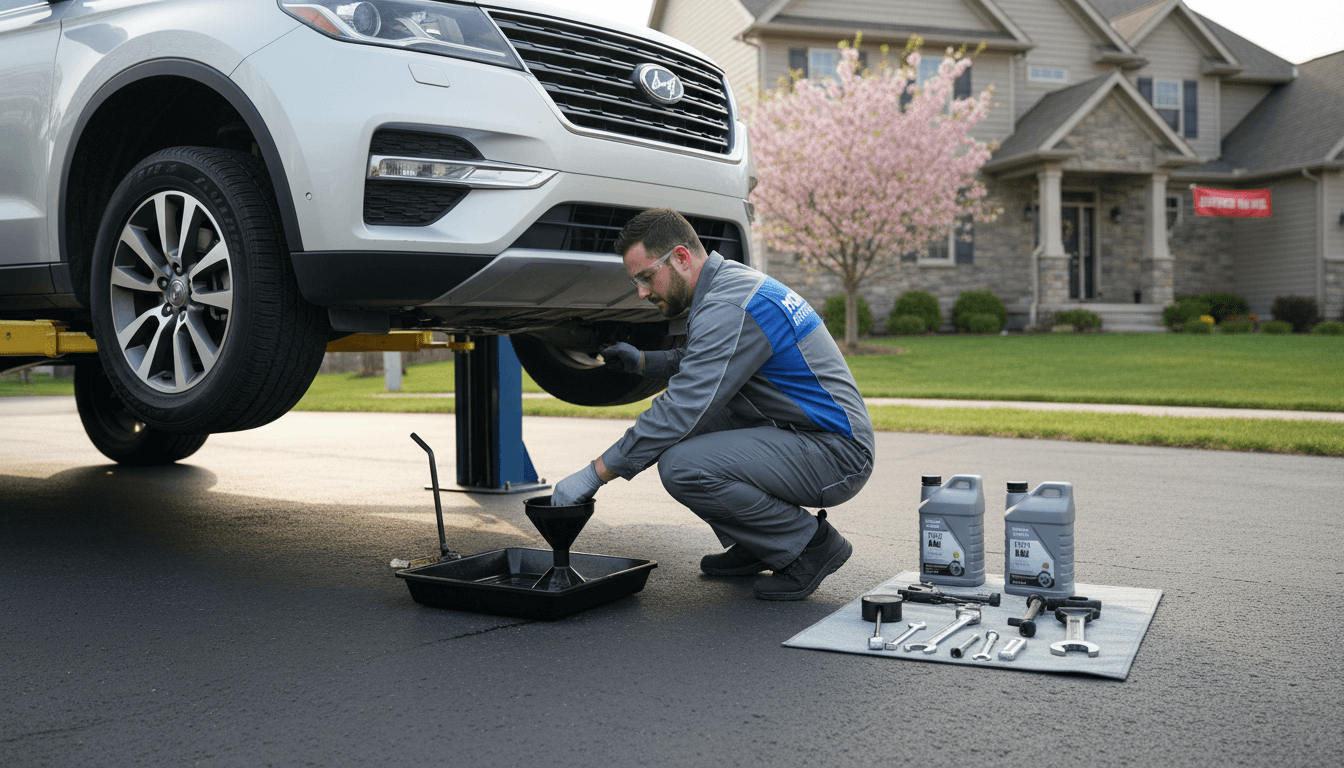Mobile mechanic working on car engine at customer's location with professional tools