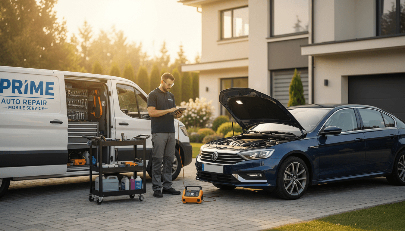 Professional mechanic performing vehicle maintenance on-site with specialized tools